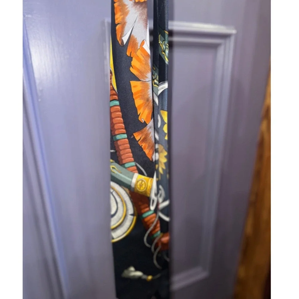 Hermes Daimyo Silk Tie‎ Navy Gold Samurai Sword Japan Motif France Vintage